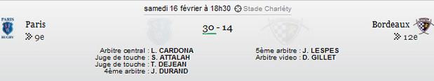 Feuille de match Paris Bordeaux 18ème journée du TOP 14 saison 2012/2013