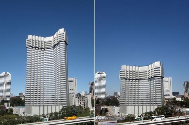 Le Grand Prince Hotel, au centre de Tokyo, le 10 novembre 2012 (g) et le 20 février 2013 (d)