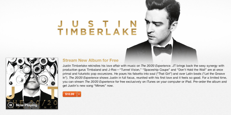 Justin Timberlake poste son nouvel album 20/20 experience sur iTunes