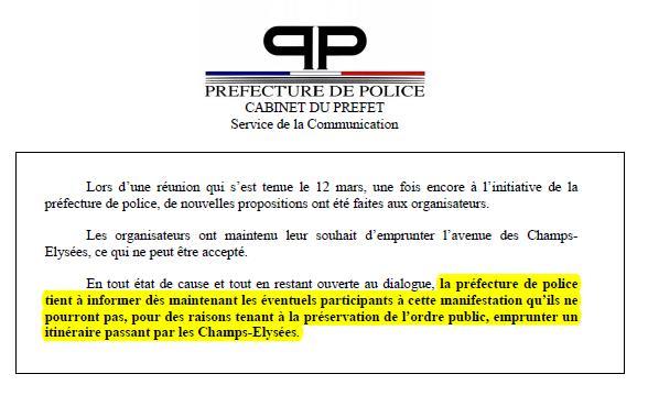Extrait du Communiqué de Presse de la Prefecture de Police de Paris au sujet du projet de Manif pour Tous