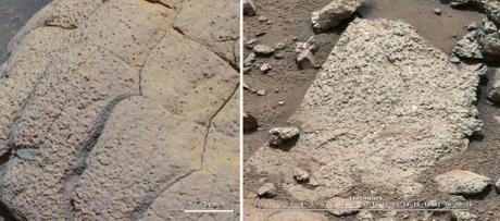 Comparaison de deux milieux aqueux - A gauche, une roche qui fut en contact avec une acide et très salée étudiée par le rover Opportunity ; à droite une roche récemment observée par Curiosity 