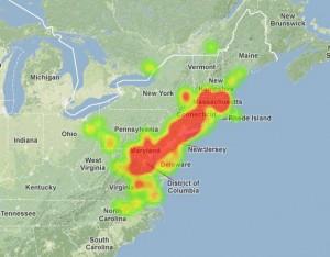 Heat map showing density of meteor sightings from the American Meteor Society, which has received over 300 reports from the East Coast.