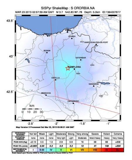 Séisme Pampelune (23/03/2012, Ml=3.7) ShakeMap du séisme pyrénéen du 23 mars 2013