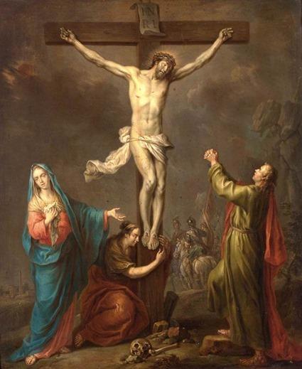 Sur de nombreuses représentations artistiques (comme ce tableau de Franz Christoph Janneck), le Christ sur la croix semble faire le signe de la bénédiction.