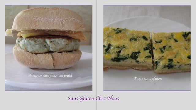 Tarte salée sans gluten et burger poulet sans gluten.