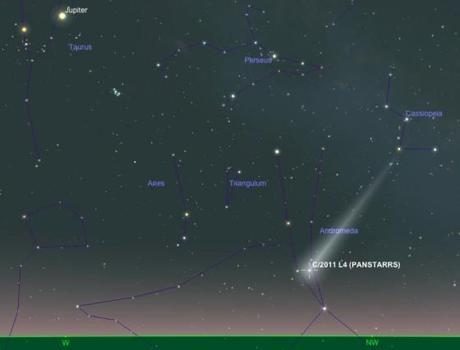 Position de la comète PanSTARRS, une heure après le coucher du Soleil le 30 mars 2013