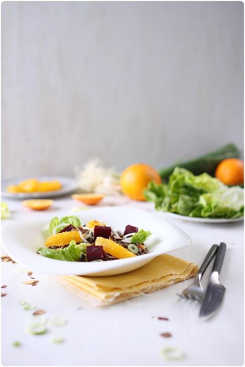Salade de lentilles vertes, betteraves, coeurs de sucrine et amandes effilées