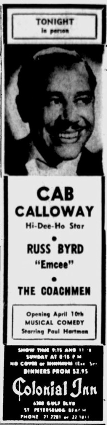 4 avril 1960, Cab Calloway MC au Colonial Inn de St Petersburgh, FL