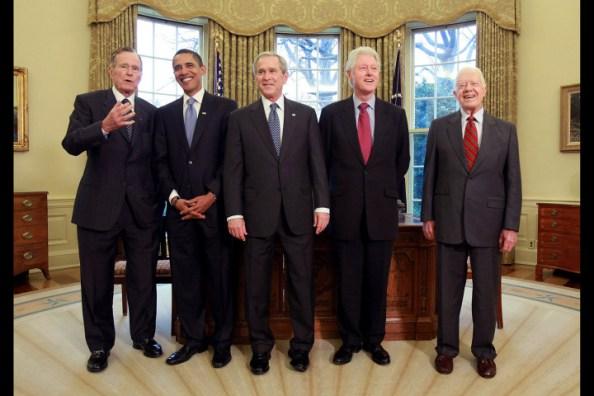 De gauche à droite, George W. Bush, Barack Obama, George W. Bush Jr., Bill Clinton, Jimmy Carter