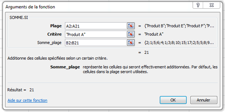Arguments de la fonction somme si