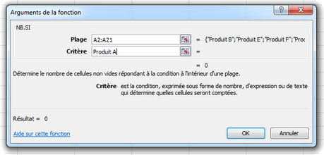 Arguments de la fonction nb si