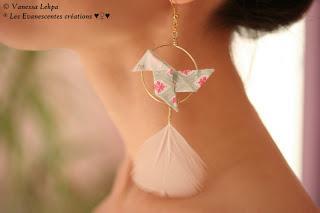 boucles d'oreille origami attrape rêves bijoux poétiques romantique plume blanche