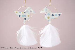 boucles d'oreille origami cocotte tissu pois bijoux poétique origami oiseau