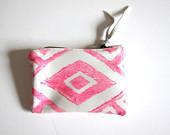 Extra-small hot pink and white hand-printed leather diamonds clutch / wallet