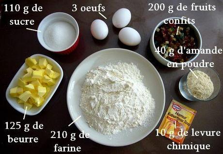 ingrédients cake aux fruits confits