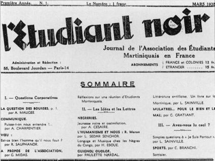 La Une du premier numéro de l'Étudiant noir (numéro 1 de mars 1935), fondé par Aimé Césaire à Paris, avec un article du poète sur 