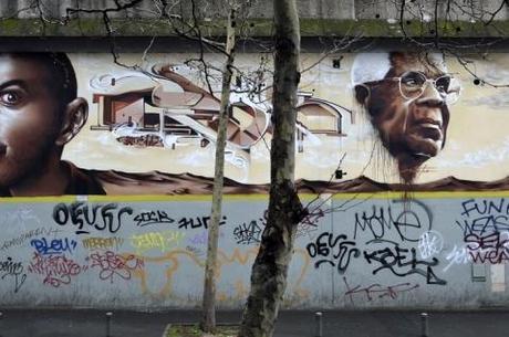 Fresque murale d’Aimé Césaire à l’entrée de Bagnolet (en Seine Saint-Denis, région parisienne), porte de Bagnolet en direction de Montreuil, avril 2013 © Stéphane WEBER