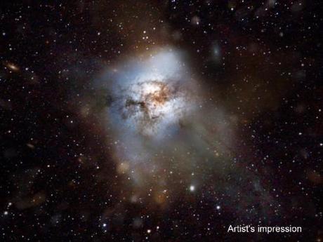 Illustration de la galaxie hyper-active HLS3 distante de 12,9 milliards d'années-lumière