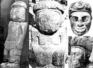 Voici une comparaison de Pokotia (à gauche) et des représentations monolithiques de Tiahuanaco. Les idoles sont soit assises soit debout. Dans les deux cas les mains sont placées sur le côté des statues. Les mains de l'idole assise sont posées sur ses genoux