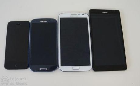 De gauche à droite, l'iPhone 5, le Galaxy S3, le Galaxy Note 2, l'Ascend Mate