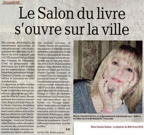L’auteure Marie-Chantal Guilmin obtient un article dans La Dépêche du Midi à l’occasion du 4ème Salon du livre de Mazamet Marie-ChantalGuilmin_LaDepecheduMidi_2013-05-05