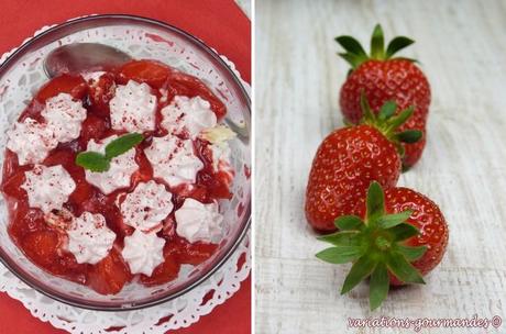 Verrines de fraises de Carros et crème légère de mascarpone à la rose.