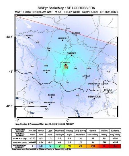 ShakeMap du séisme pyrénéen du 3 mai 2013