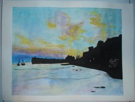 aquarelle, watercolor, mer, port, harbor, sea, coucher de soleil, sunset