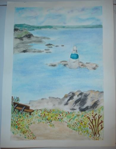 aquarelle, watercolor, mer, port, harbor, sea, phare, lighthouse