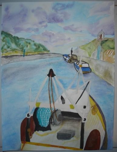 aquarelle, watercolor, mer, port, harbor, sea, bateau, boat, fish, pêche