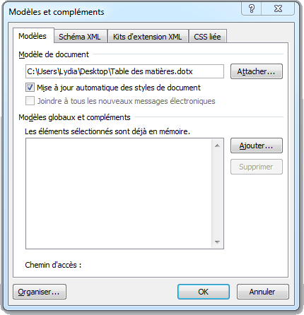 Boîte de dialogue Modèles et compléments