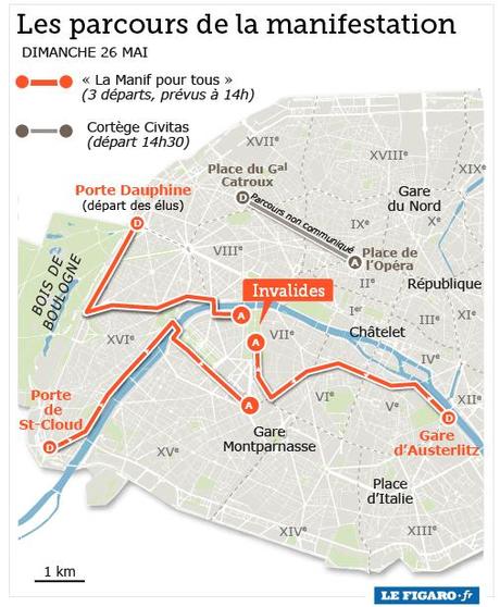 Parcours de la manifestation pour tous, dimanche 26 mai à Paris