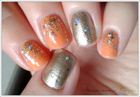 [Nail art] Orange, dégradé de paillettes et accent nail doré