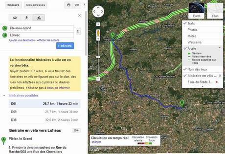 Itinéraires à vélo disponibles sous Google Maps pour la France