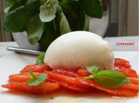 Sorbet de basilic sur carpaccio de fraises