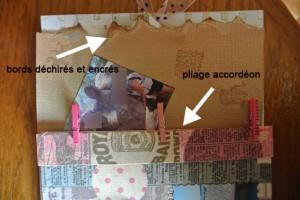 Album photos en scrapbooking, feuille déchirée et encrée, pinces sur l'accordéon