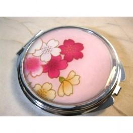 Miroir de poche, Tissu japonais, Fleurs fuchsia