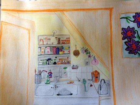 Sinon, voici le fruit de mes essais des crayons aquarellables…
Vous voyez la page encore gondolée… Je ne suis pas ravie du résultat, mais bon, pas consternée non plus. C’est ma cuisine.