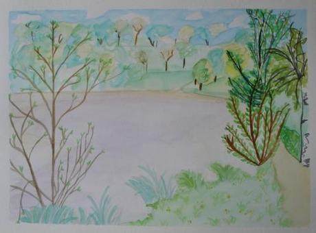 aquarelle, watercolor, lake, lac, arbre, tree, water, eau
