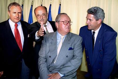 Extreme right-wing National Front (FN) leader Jean-Marie Le Pen (front with glasses) poses with Nati..