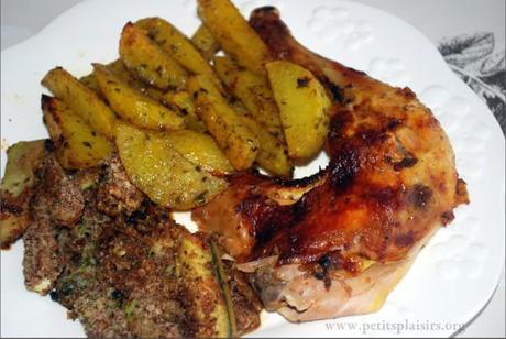poulet mariné et frite au four