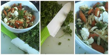 Salade d'orzo, carottes rôties au cumin, feta et vinaigrette au citron