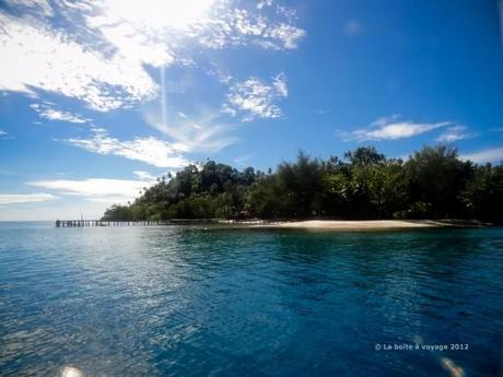 Plage et ponton de Fadhila Cottages (Tomken, îles Togian, Sulawesi Centre, Indonésie)