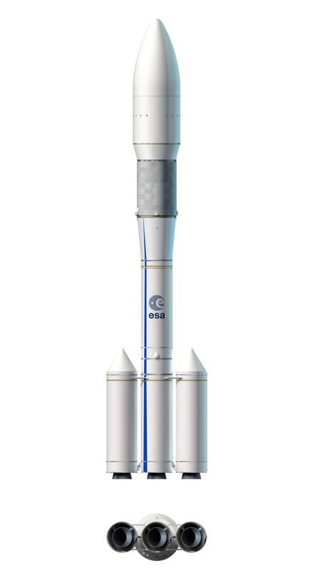 Le concept définitif d’Ariane 6 et ses trois propulseurs du premier étage. Le lanceur sera constitué de deux étages à propulsion solide et d’un étage à propulsion cryotechnique.