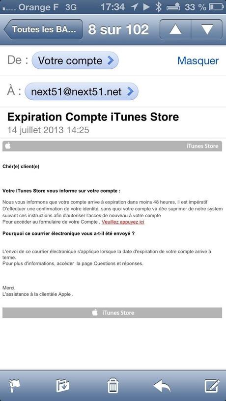 Attention Phishing Mail Apple concernant les comptes iTunes...