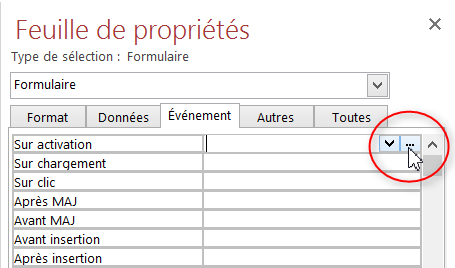 Feuille de propriétés - onglet événement Access