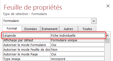 Feuille de propriétés - onglet format Access