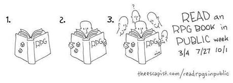 [ 21 juillet 2013 au 27 juillet 2013. ] La semaine « Lisez un jdr en public » est un événement se produisant trois fois par an, durant les semaines comprenant le 4 mars, le 27 juillet et le premier octobre (débutant le dimanche qui précède et se terminant le samedi qui suit). Durant ces semaines, les aficionados du jeu de rôles sont encouragés à prendre [...]