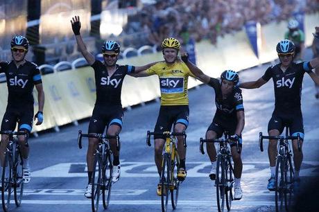 Team Sky rider and leader's yellow jersey holder Froome of Britain winner of the centenary Tour de France cycling race celebrates his overall victory with team mates after the 133.5km final stage from Versailles to Paris Champs Elysees