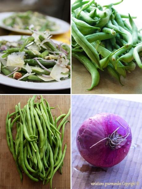 Salade d'haricots verts tièdes, oignon rouge, parmesan, noisettes et basilic